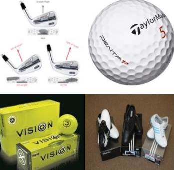 Compiled Image Showing Examples Of Golf Club Lie, A Taylormade Golf Ball, Vision Golf Ball Packaging, And Assorted Brand Name Shoes Available At Forster- Tuncurry Golf Driving Range And Water Golf 